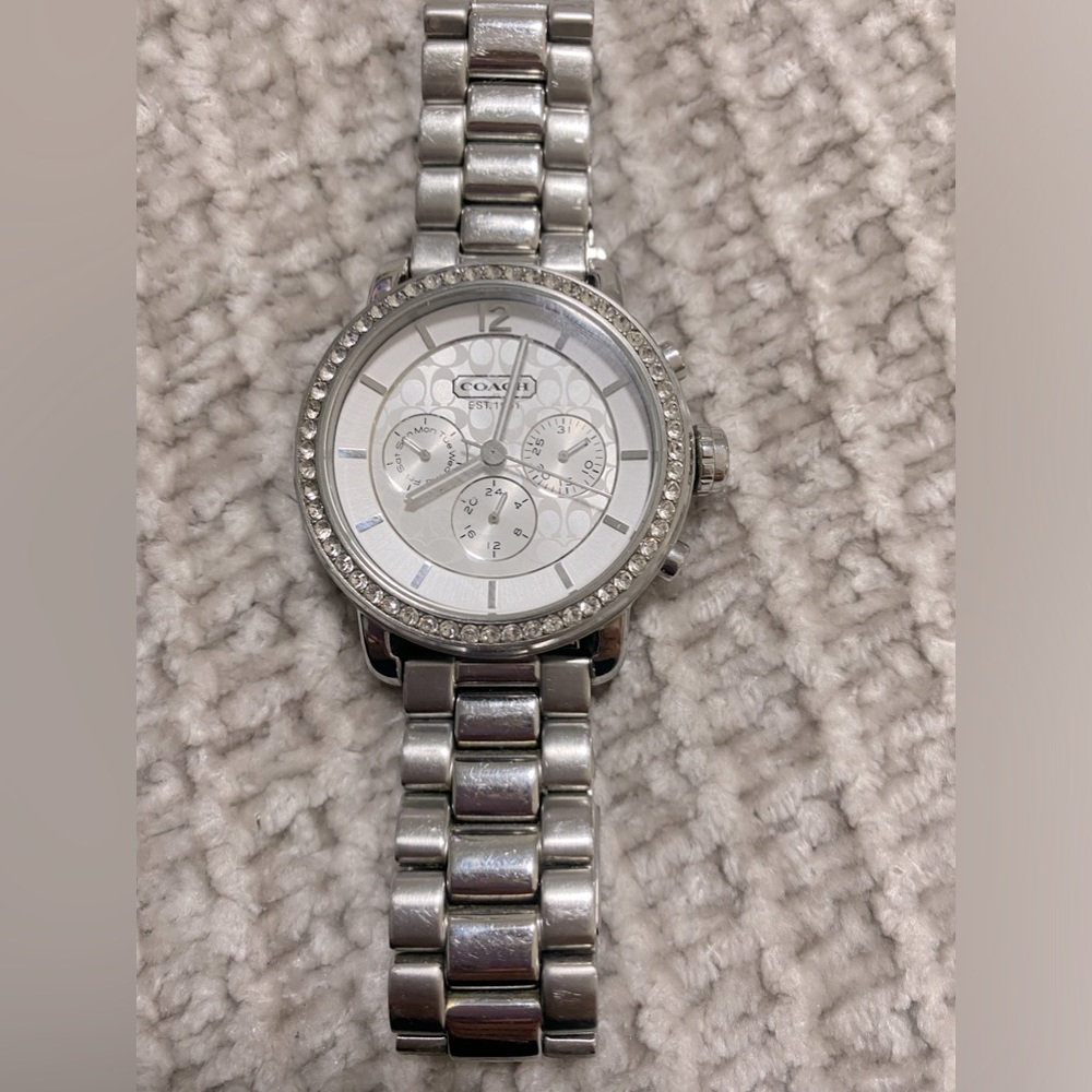 Coach Silver Stainless Steel Crystal Bezel Women's Watch New Battery